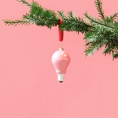 Closeup Pink Light bulb Christmas decoration hanging on Christmas tree on Pink background. 3D Rendering Christmas concept idea.