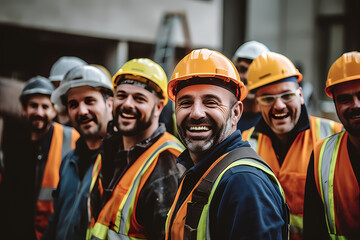 Smiling construction workers - obrazy, fototapety, plakaty