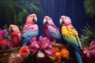 Parrots stand on a branch in a blue tropical background.