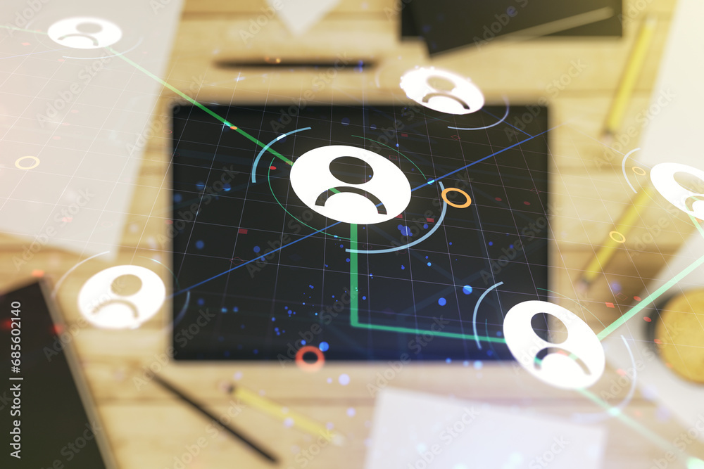 Aufkleber double exposure of social network icons concept and modern digital tablet on background. networking 