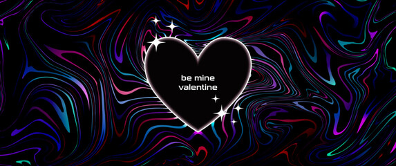 Digital Valentine Day glowing heart frame, retro y2k blinks and abstract liquid dark background. Vector banner, horizontal poster, greeting.