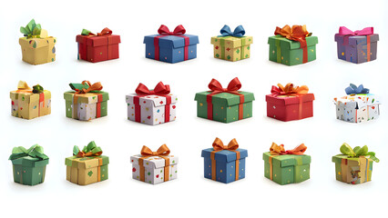 A collection of multi coloured presents with the choice of different coloured ribbon bows including red, gold and silver