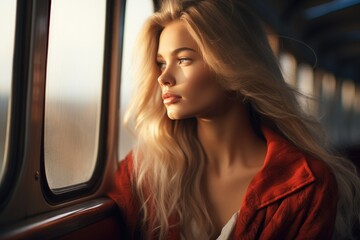 Woman portrait by train window during sunset