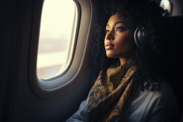 Black woman gazing out of airplane window - obrazy, fototapety, plakaty