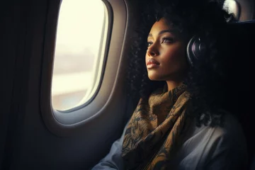 Zelfklevend Fotobehang Black woman gazing out of airplane window © ChaoticMind