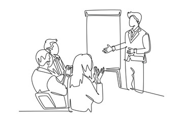 Continuous one line drawing young happy startup founder presenting business proposal to the investors and get applause. Business pitching concept. Single line draw design vector graphic illustration