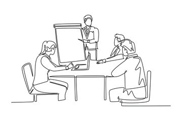 Continuous one line drawing young happy instructor presenting marketing strategy at the office group discussion. Sales improvement meeting concept. Single line draw design vector graphic illustration