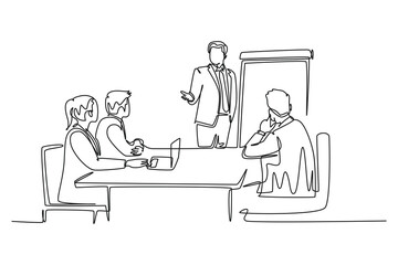 Continuous one line drawing young happy businessman and businesswoman discussing in office meeting room. Business meeting and presentation concept. Single line draw design vector graphic illustration