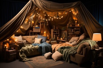 Playful blanket fort with soft lighting and cushions, hygge concept