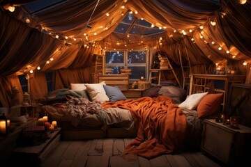 Playful blanket fort glowing with soft light and pillows, hygge concept - obrazy, fototapety, plakaty