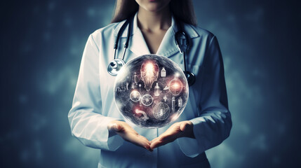 doctor hold healthcare medical icons on blur background. Generative AI