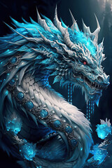 Ancient silver and cyan chinese dragon with gemstones on a dark background, Year of the Dragon, Generative AI