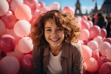 beautiful girl with pink balloons against the backdrop of the Eiffel Tower in Paris. AI Generated - obrazy, fototapety, plakaty
