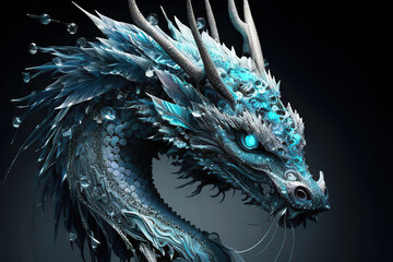 Portrait of a wonderful grey and cyan dragon with gemstones on a dark background, Year of the Dragon, Generative AI
