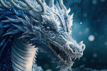 Portrait of a magical patterned white and light blue winter dragon in the snowy winter forest, Year of the Dragon, Generative AI