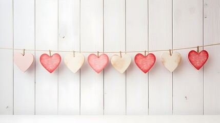 Row of various heart-shaped ornaments clipped to a string on a wooden background, love concept