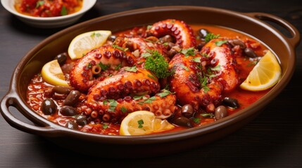 Warm grilled octopus salad with stir fried vegetables and sauce on big plate