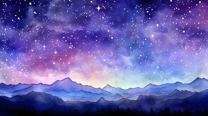 Gordijnen Watercolor night landscape with moon, clouds and stars © mashimara