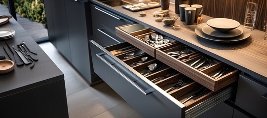 Close-up of open drawer in modern minimalist kitchen with walnut facades and black stone countertop. Set of cutlery trays in kitchen drawer. Solid oak wood cutlery drawer inserts. - obrazy, fototapety, plakaty