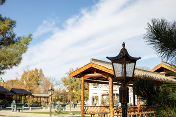 the street light lamp in a Japanese style with a background of sitting place