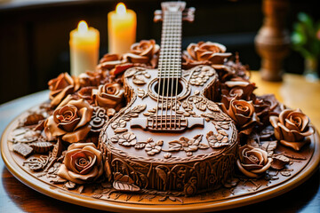 chocolate cake shape like mini guitar acoustic on dish on table , Generative Ai