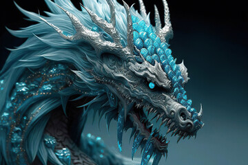 Portrait of a cyan dragon made of silver and gemstones on a dark blue background, Year of the Dragon, Generative AI