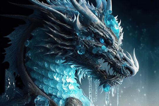 Portrait of wonderful ancient cyan dragon made of gemstones and icicles on a blue background, Year of the Dragon, Generative AI