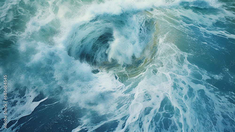 Poster Aerial view of a swirling ocean whirlpool, conveying the natural forces and patterns created by the interaction of tides and currents.