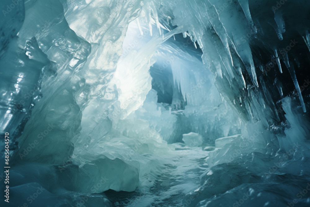Poster exploration of an ice cave, with intricate ice formations and the interplay of light, showcasing the