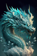 Portrait of a wonderful ancient cyan chinese dragon with gemstones on a dark blue background, Year of the Dragon, Generative AI