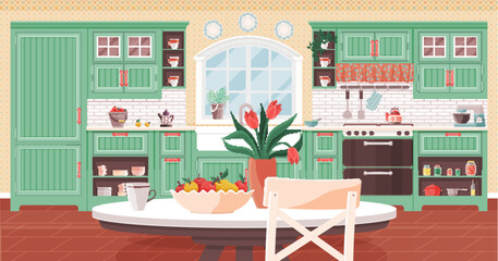 Kitchen vector illustration. Culinary creativity blossoms in kitchen adorned with stylish decor and utensils Equipping kitchen with efficient appliances transforms it into hub activity Clean