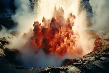 Powerful eruption of a geyser, sending boiling water and steam into the air, capturing the dynamic forces at work beneath the Earth's surface. - obrazy, fototapety, plakaty