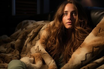 Woman wrapped in blanket watching movie in home theater, hygge concept