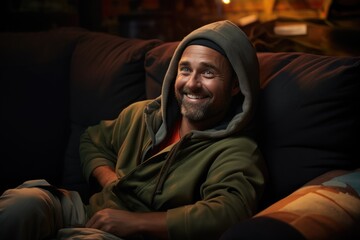 Obraz premium A cozy home movie marathon with a man on a comfortable sofa surrounded by blankets and snacks, hygge concept