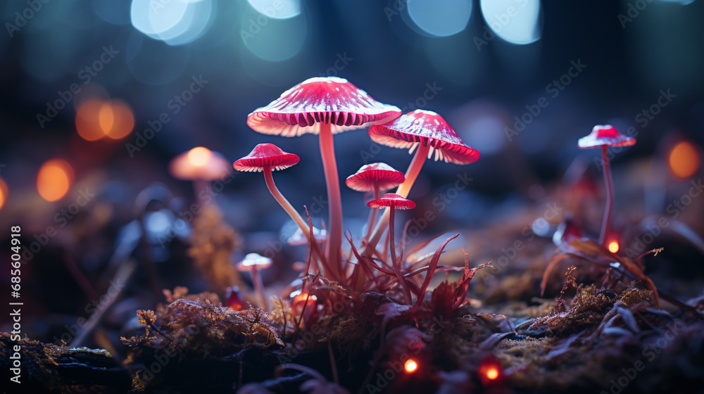 Poster A captivating image showcasing the luminous aura of a mushroom, adding an otherworldly and enchanting quality to design concepts.
