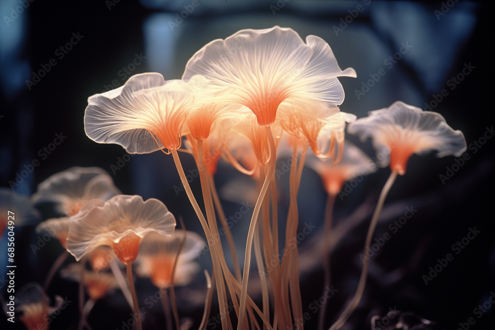 Poster an abstract representation of a mushroom in bloom, radiating a soft and ethereal glow, ideal for nat
