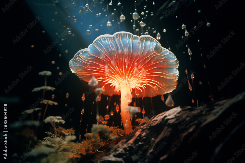 Poster A dynamic portrayal of a mushroom emitting bursts of light, creating a visual explosion suitable for energetic and impactful designs.