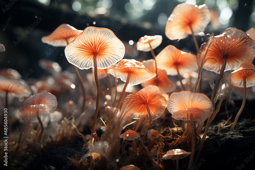 Poster a composition featuring a series of radiant mushrooms forming a visual symphony of light waves, idea