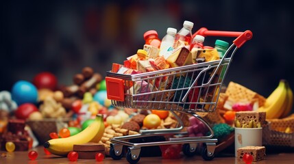 shopping basket full of supermarket groceries background wallpaper ai generated image - obrazy, fototapety, plakaty