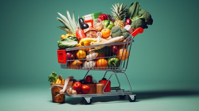 shopping basket full of supermarket groceries background wallpaper ai generated image