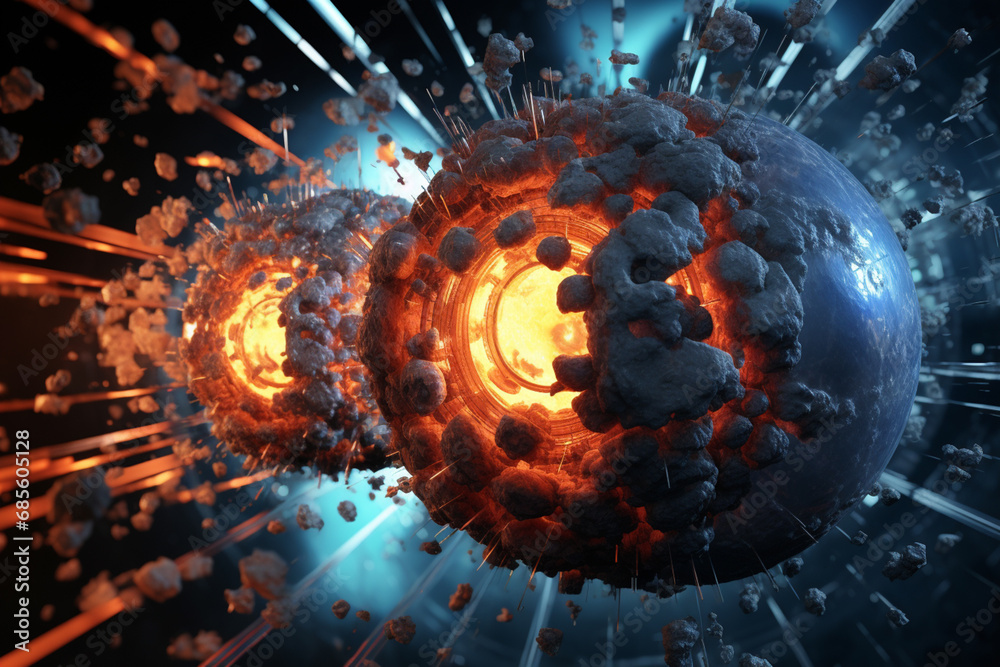 Aufkleber An illustration capturing the moment of subatomic particle collision within a particle accelerator, a crucial aspect of nuclear physics experiments.