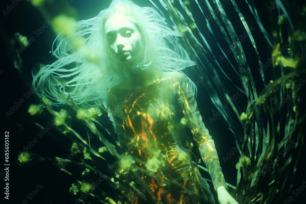 Poster A Mermaid with a tail adorned with bioluminescent patterns, gracefully swimming in the depths of the ocean.