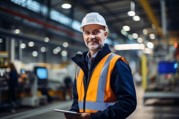 Adult cheerful male engineer with a beard, technician or factory worker. Confident mature man in protective helmet and vest operates complex industrial equipment, setting up machines.