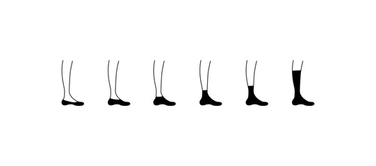 Sock height icons. Line, short, medium, long socks on the foot, foot and toe. Vector icons