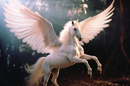 A Pegasus, a winged horse with shimmering, ethereal wings, taking flight against a celestial backdrop.