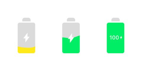 Battery charge icons. Flat, small, medium and full battery charge, lightning icon. Vector icons