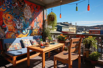 Urban adventure with pop art inspired balcony, where graffiti-style murals, vibrant colors, and funky outdoor furniture transform an ordinary space into an energetic and creative retreat.