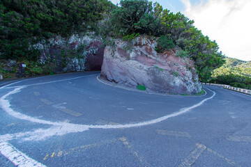 Road (Hairpin turn) of the mountains in Anaga national park. Tenerife. Canary island. Spain - obrazy, fototapety, plakaty