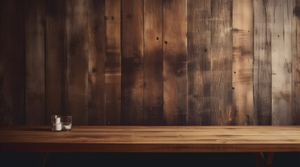 wooden table and dark wooden wall. Generative AI.