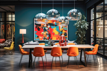 Vibrant dining area, where a pop art-inspired dining table takes center stage, surrounded by a eclectic mix of mismatched chairs and eye-catching statement pendant lights.